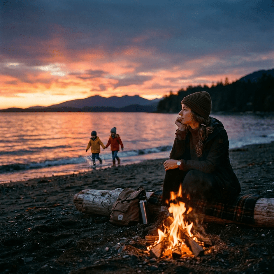 Person sitting on a log near a campfire on a beach at sunset