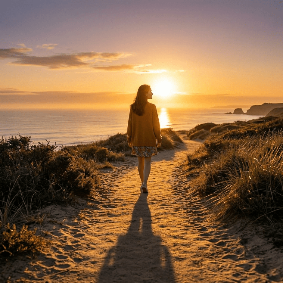 Woman walking on sandy path toward ocean sunset with coastal cliffs