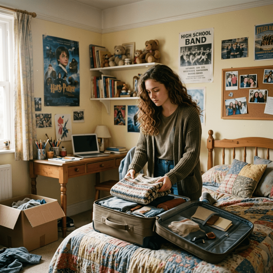 Teenage girl writing in a notebook at a desk in a bedroom with Harry Potter poster and packed boxes