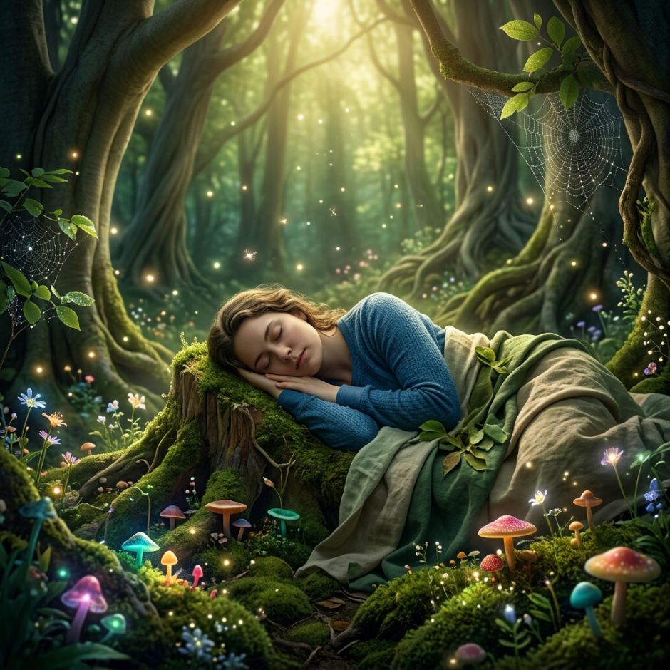 Woman sleeping peacefully on mossy tree stump in magical forest with glowing mushrooms