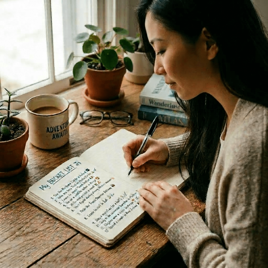 Woman writing a detailed travel bucket list in a notebook at a wooden desk