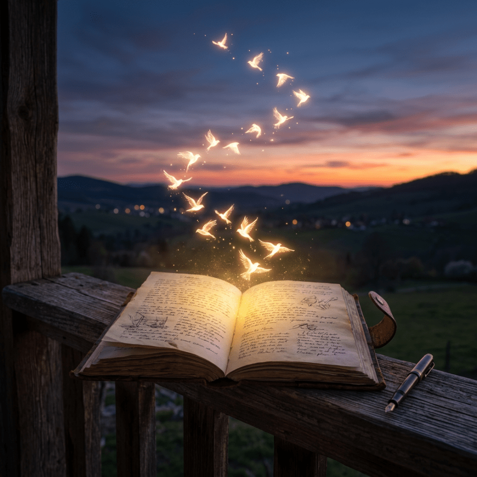 Open book emitting glowing bird shapes toward the sky at sunset