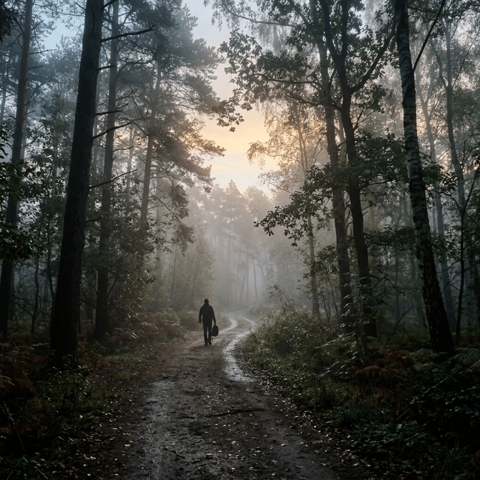 Person walking alone on a dirt forest path surrounded by trees and mist