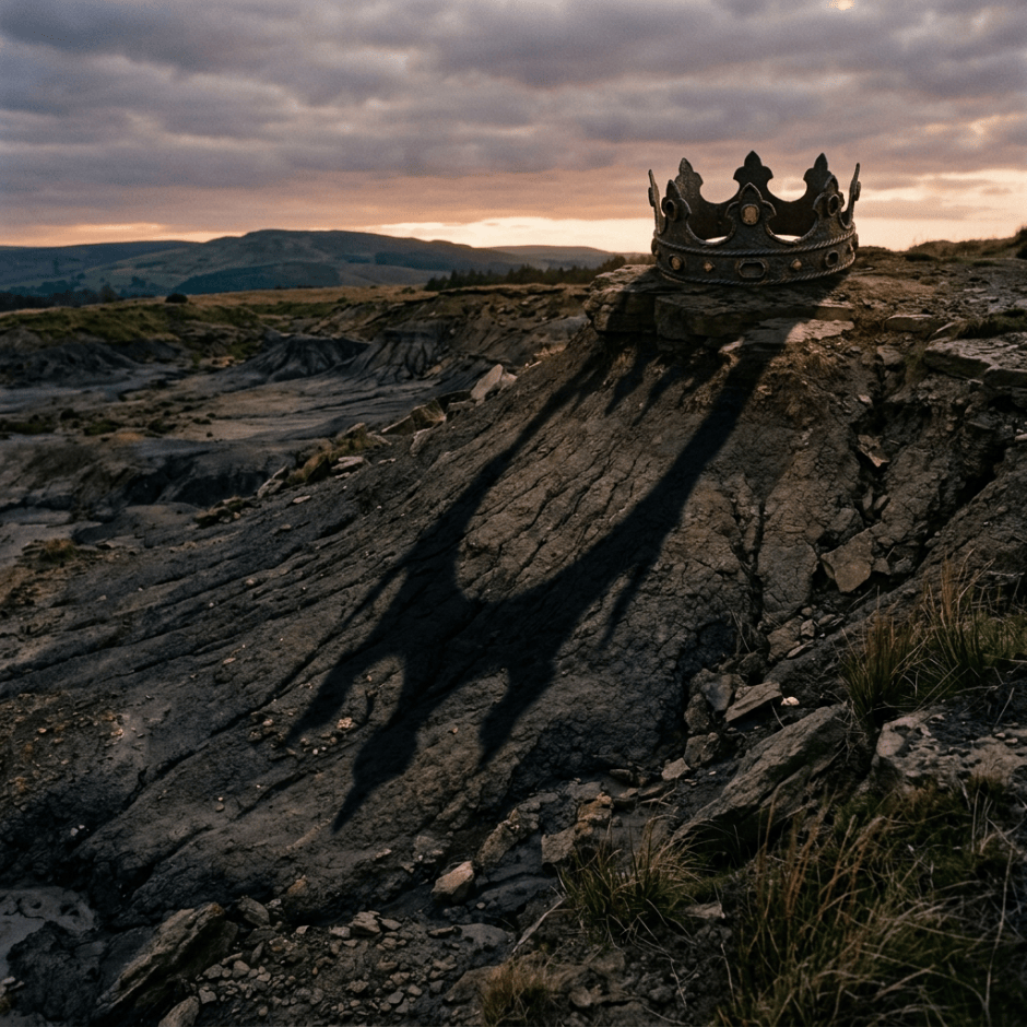 Symbolic crown casting long shadow over scarred ground