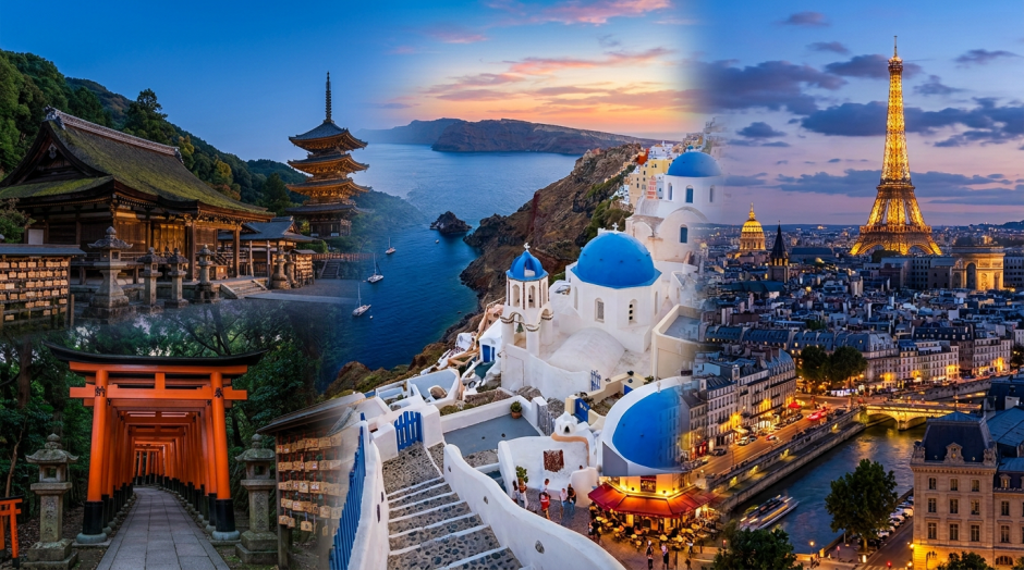 Montage of Tokyo city with Tokyo Tower and Mount Fuji, Santorini with white buildings and blue domes, and Paris with Eiffel Tower and Seine river at dusk