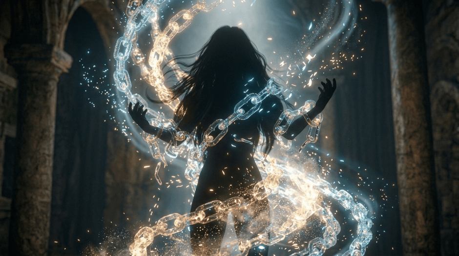 Silhouette of person breaking glowing chains with light and sparks swirling