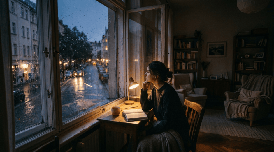 Woman sitting at a small wooden desk by a rain-covered window, looking outside thoughtfully with a book and cup nearby