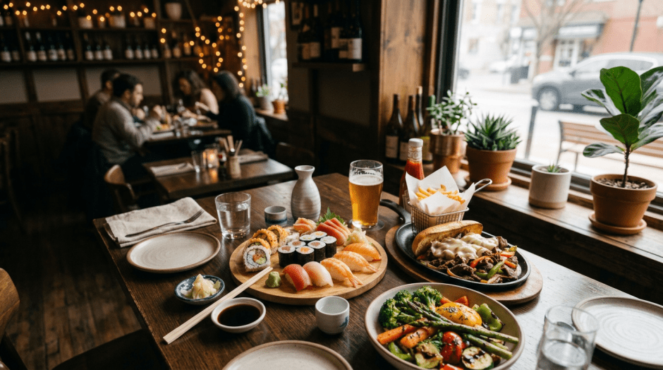 Plates of sushi, grilled vegetables, steak sandwich with fries and a glass of beer on a wooden table
