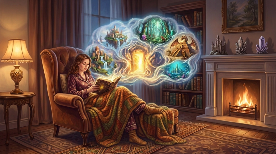 Ethereal library with swirling staircases, countless books, and a luminous door