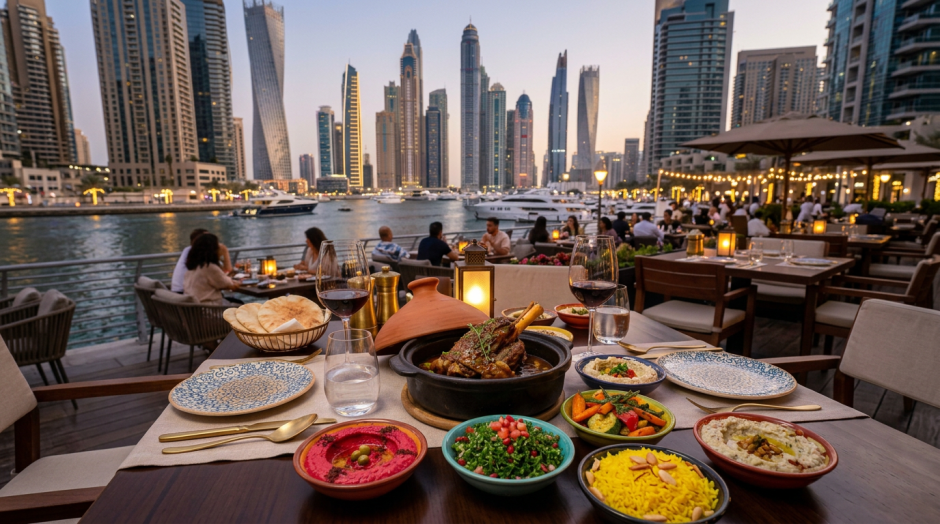 Middle Eastern dinner overlooking Dubai Marina and illuminated skyscrapers