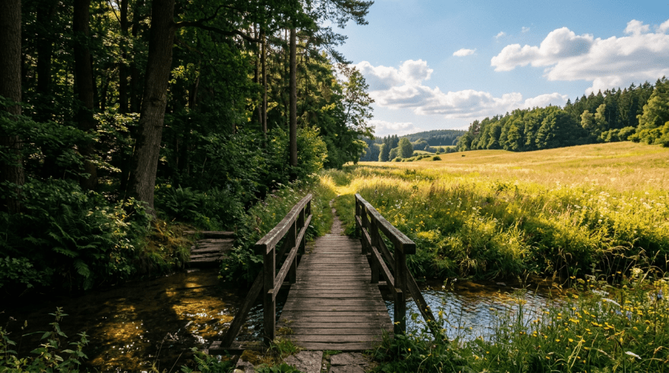 Rustic wooden footbridge crossing a stream between forest and meadow