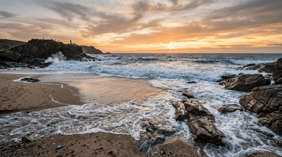 Waves washing over a rocky beach at sunset beneath coastal cliffs and lighthouse
