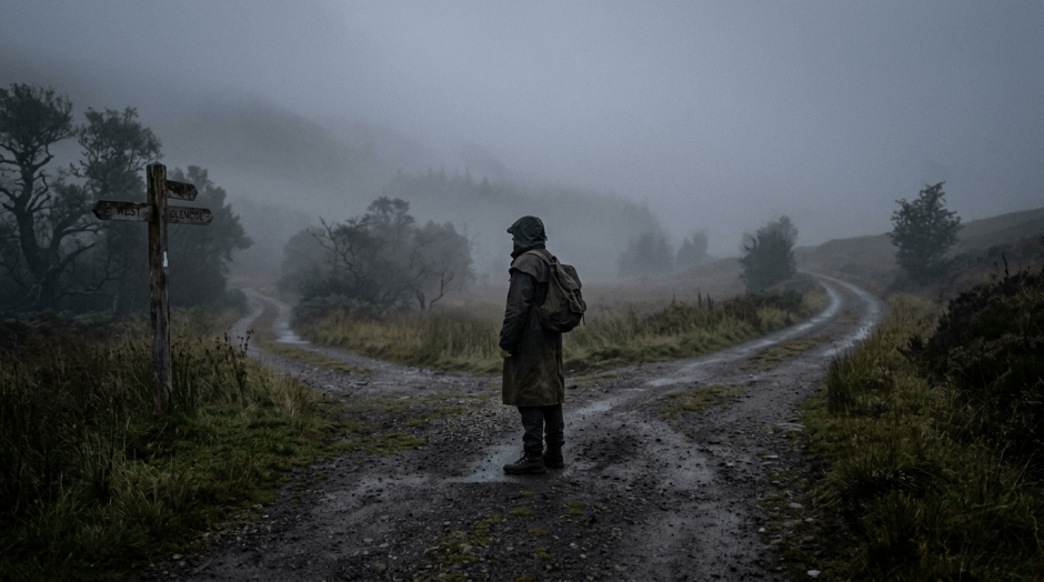 Hiker pauses at a foggy fork beside signs marked West and Glencoe