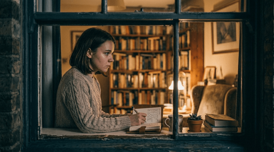 Man reading a book in a dimly lit study beside a lamp