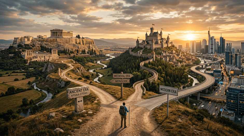 Traveler on path between ancient ruins, medieval castle, and modern city; signs read Ancient Era, Medieval Era, and Modern Era.