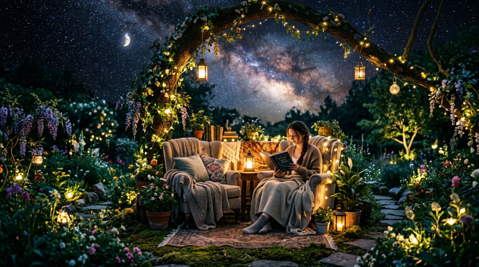 Woman reading in a lantern-lit garden beneath a starry sky