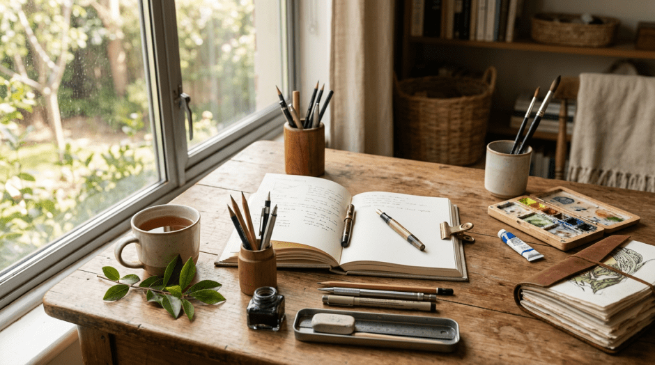 Wooden desk with open journal, drawing tools, tea, and watercolor paints