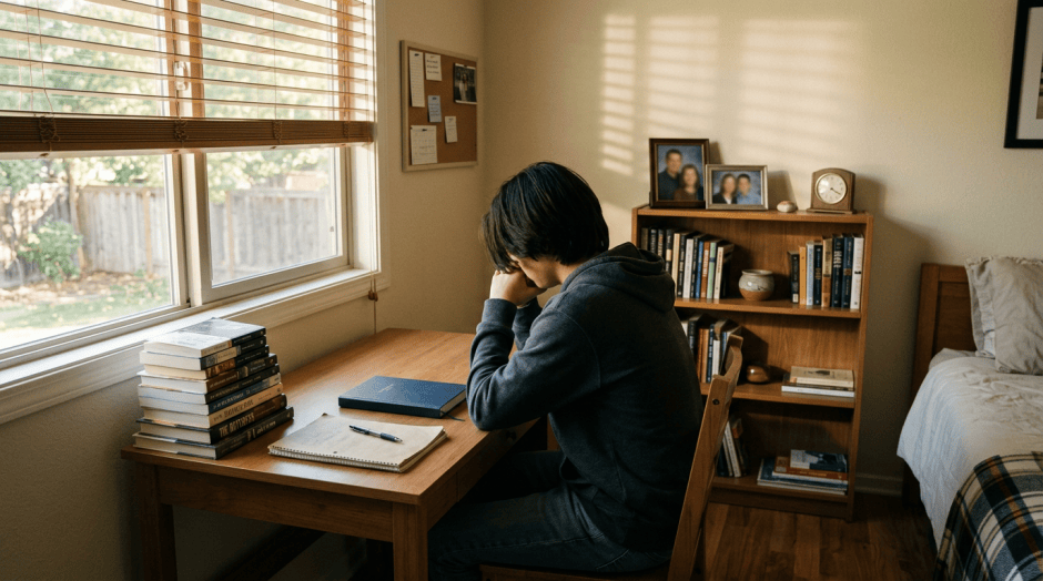 Student studying at a desk beside a stack of books
