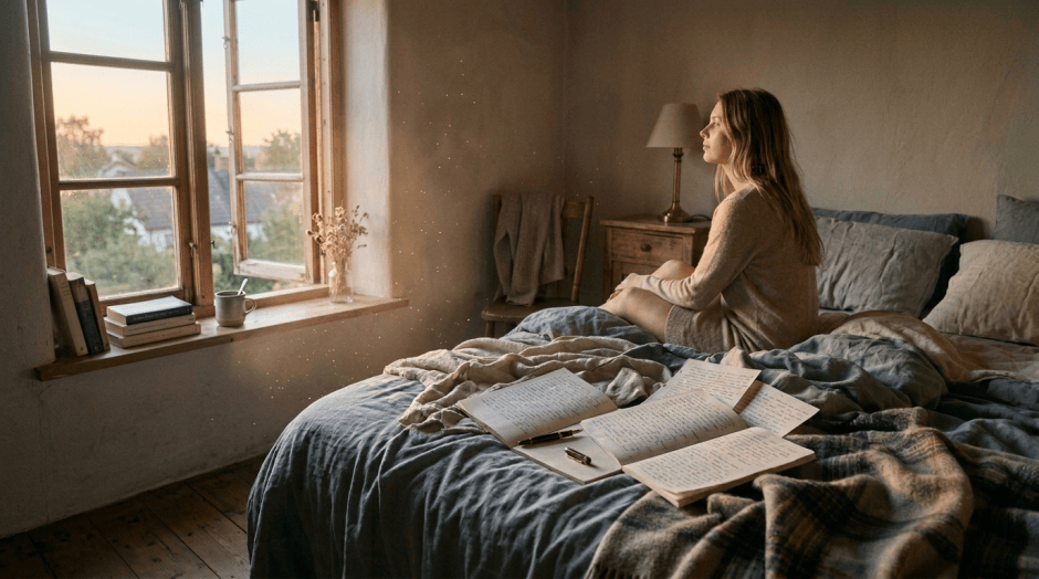 Sunlit bedroom with handwritten pages, books, and a cup of coffee